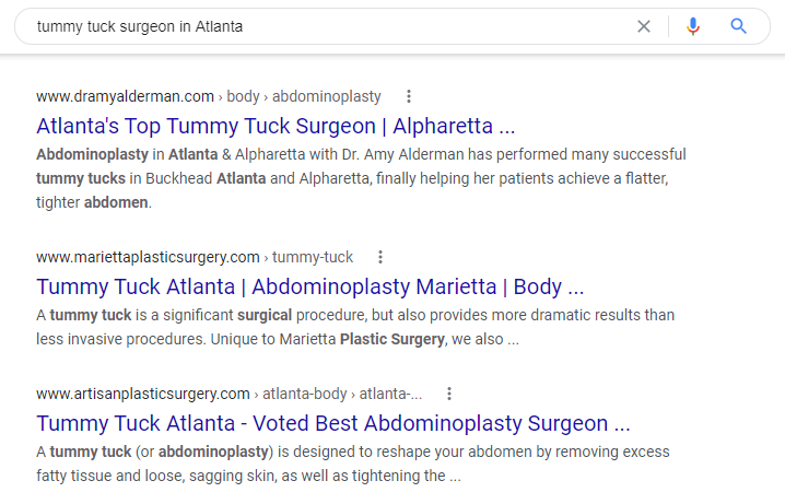 Google search for "Tummy tuck in Atlanta"