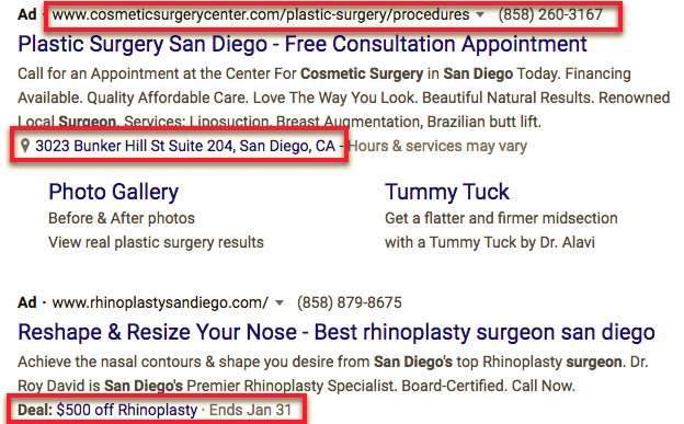 Use every ad extension possible of your plastic surgery ppc ad