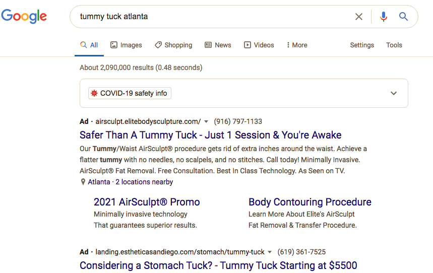 What Plastic Surgery PPC ads look like on Google