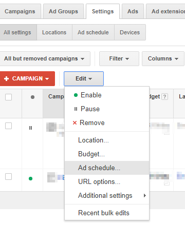 adwords schedule edit