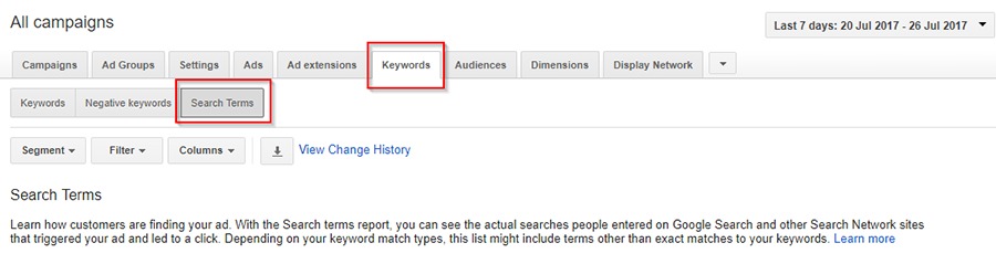 gpogle adwords search terms keywords