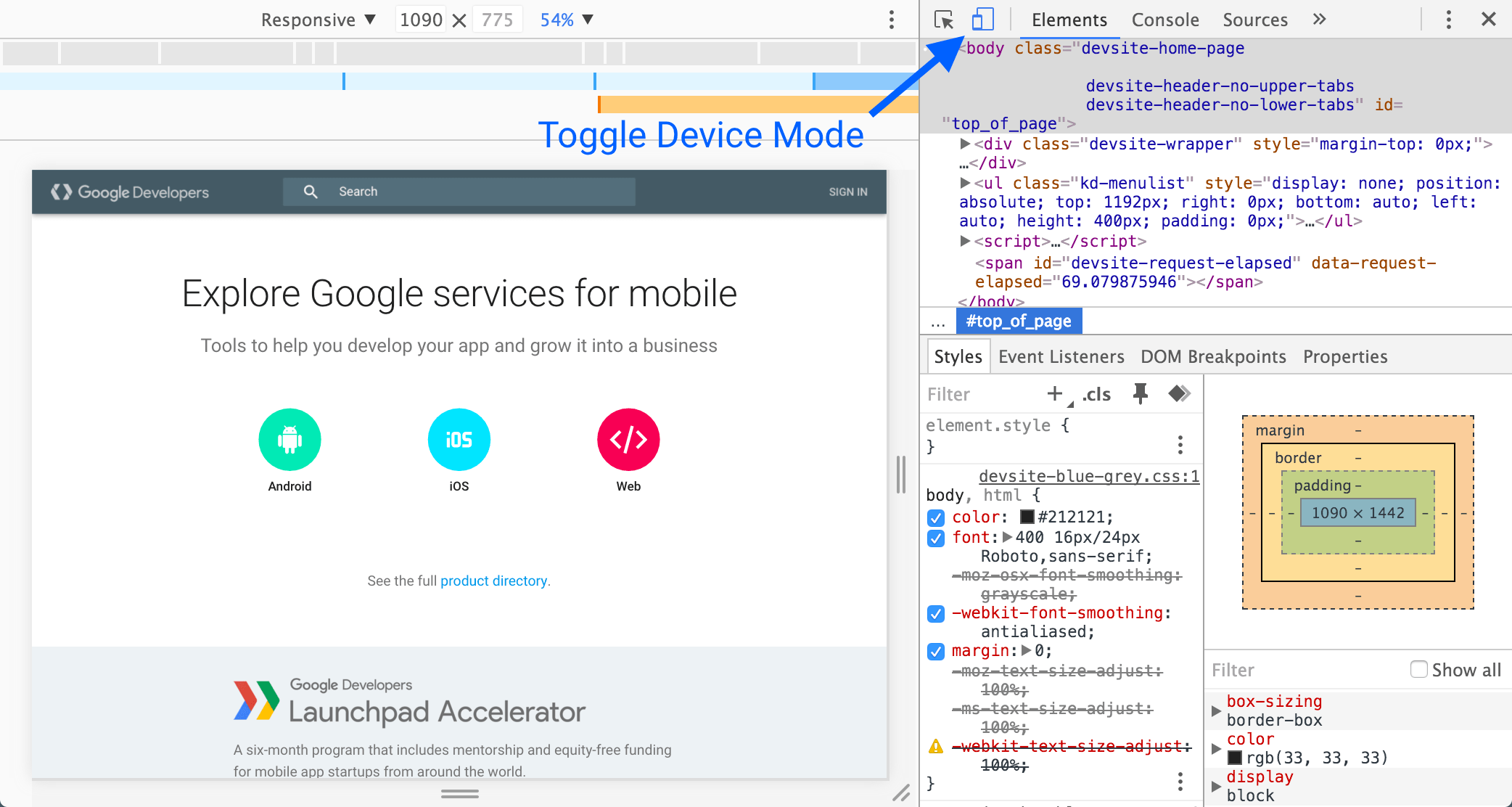 chrome dev tools accessing the device mode toggle