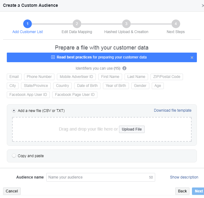 Importing customer data for your custom audience by uploading source file