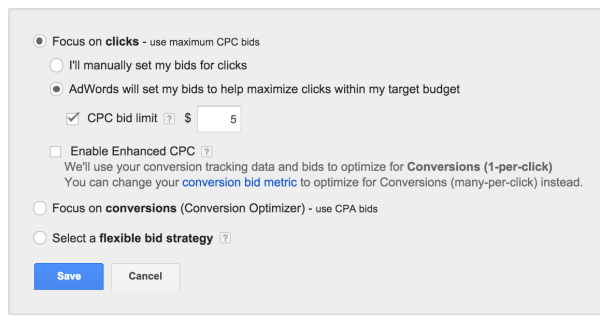 Choosing an option to set up cost per click automatically by AdWords