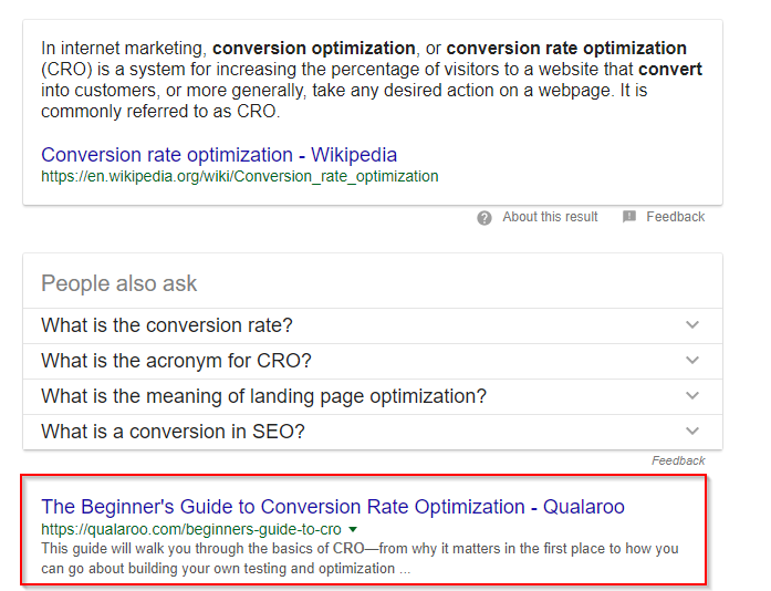 Conversion Rate Optimization post ranked on google right after wikipedia post