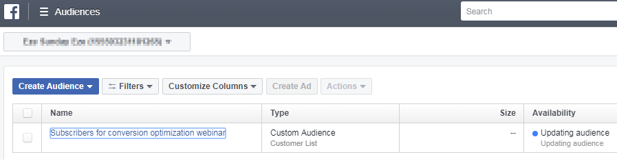 Facebook create audience dashboard