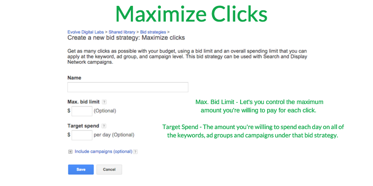 Maximize clicks strategy maximizes the volume of the clicks made available for your budget