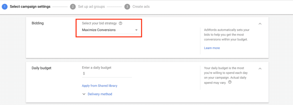 Maximize Conversions strategy automatically sets your bids in a way to help you get the most conversions from your campaigns