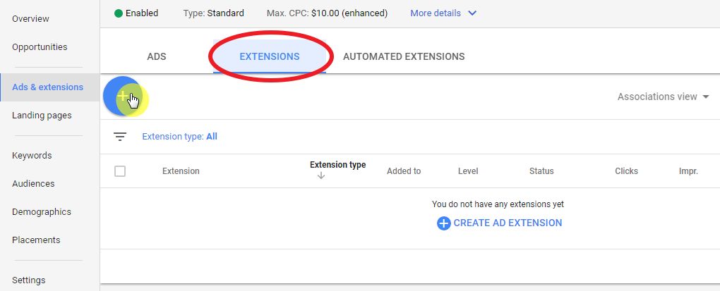 Using new AdWords Experience enabling location extension - first step