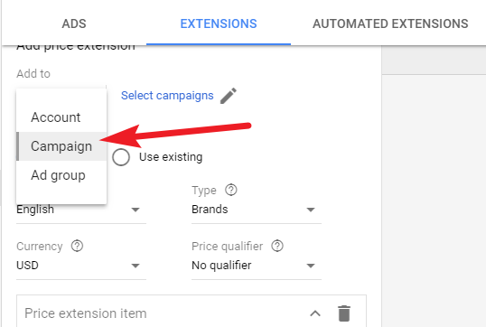 Add Price Extension to Ad Gropup or Campaign