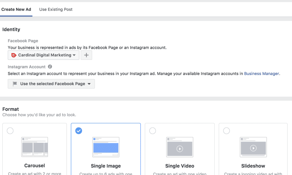 Create facebook ad, choose imagery and text