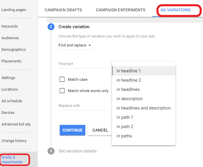 Use Ad Variations to test your google adwords performance when displaying different call to actions and headings