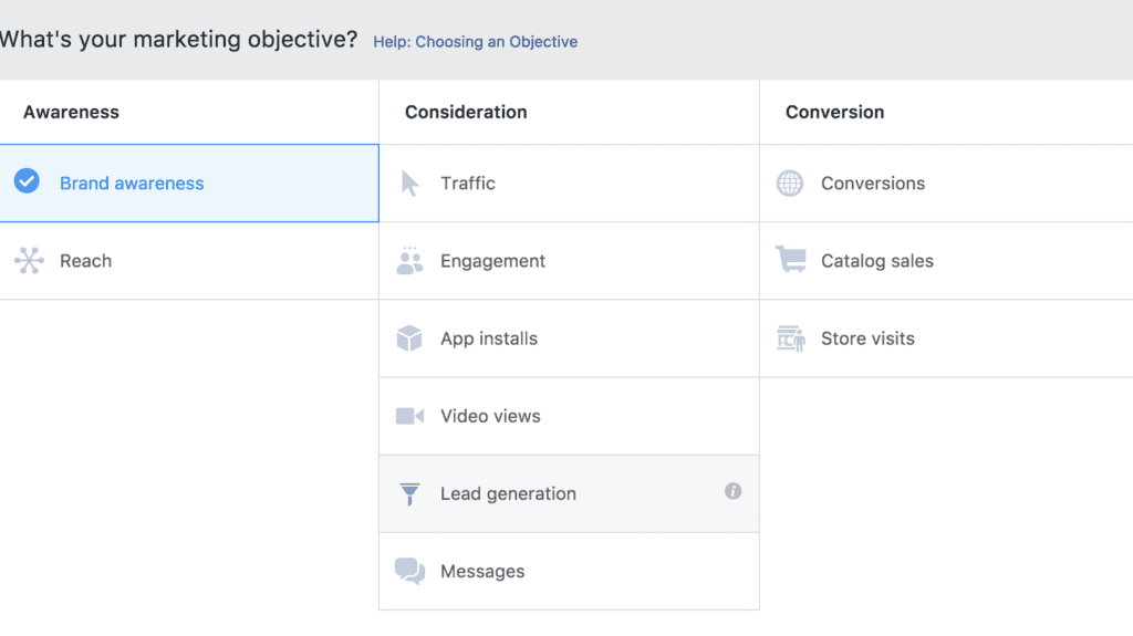 Choosing an objective is the first step when creating facebook ad campaign