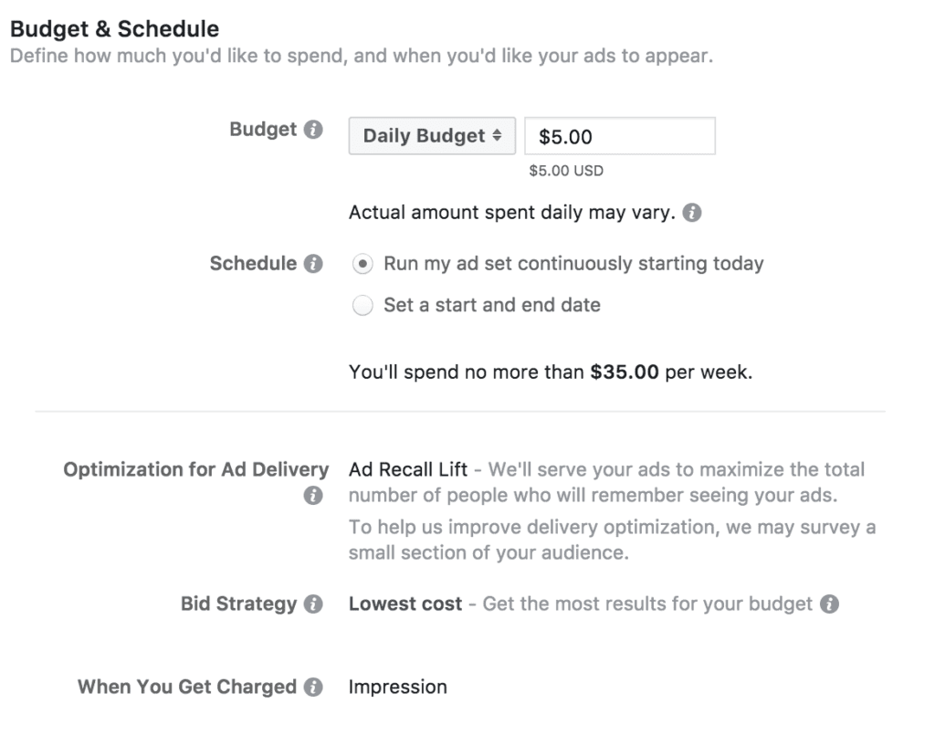 Facebook Ad Campaign - setting up budget