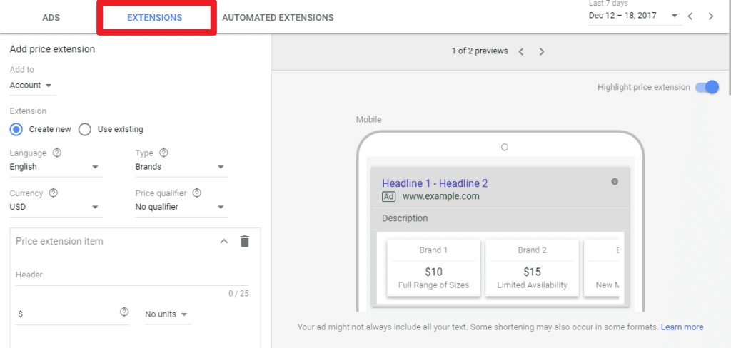 Setting up prices for ad using price extension - step two