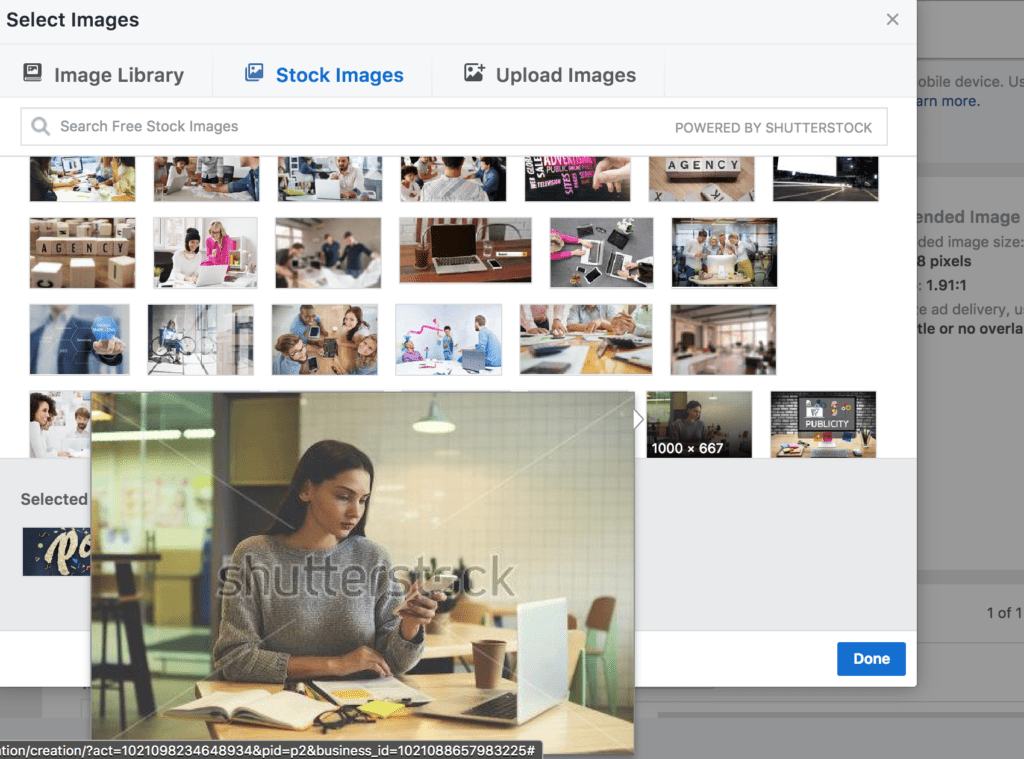 You can select image from shutterstock for your facebook ad