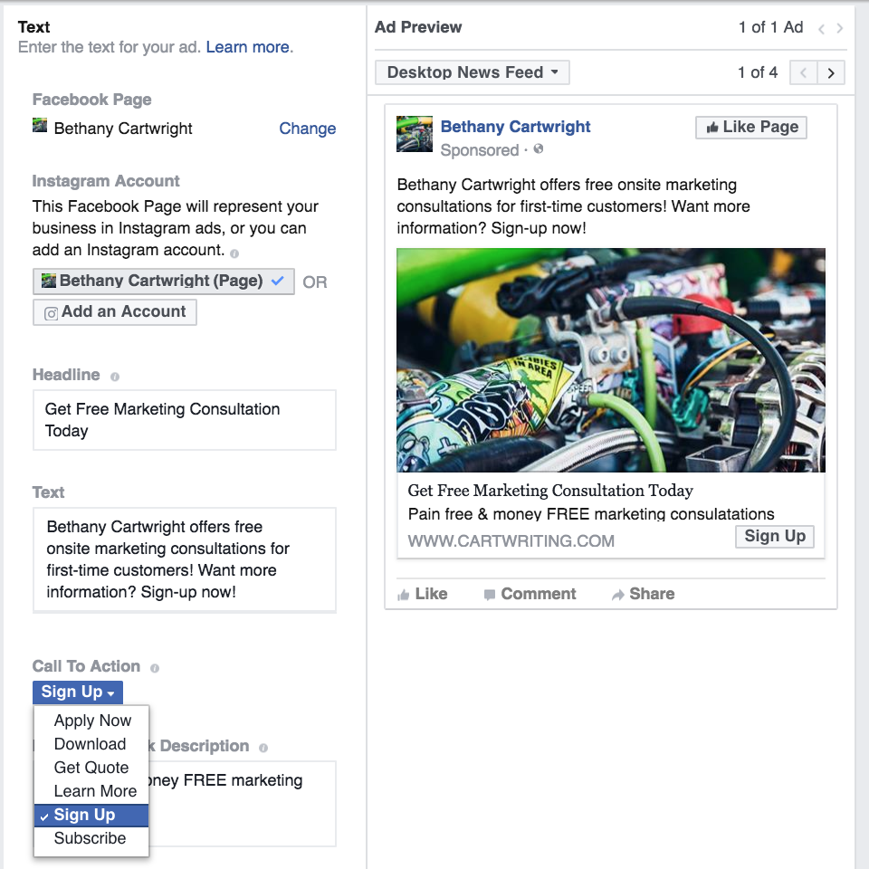 Facebook Leads Ad Call to Action text options