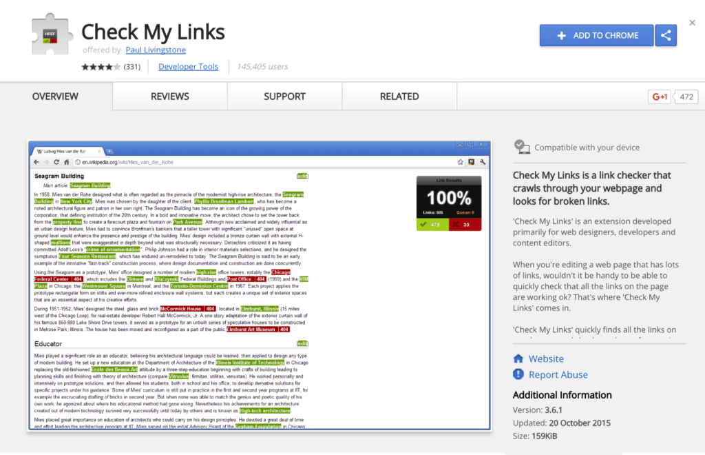 Find broken links with Check My Links chrome extension