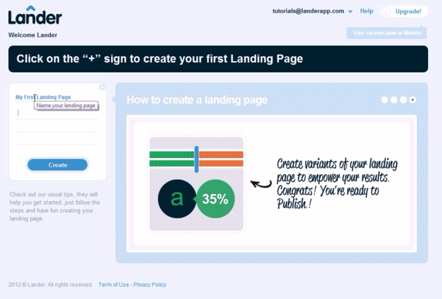 Enter Landing Page Name and click on create button