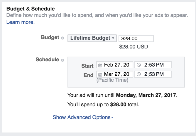 Set Up a budget for your ad