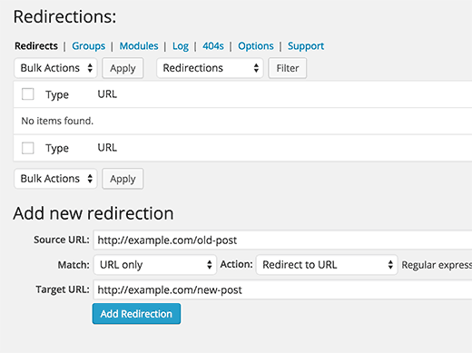 Creating Redirects in Wordpress with Redirect Plugin