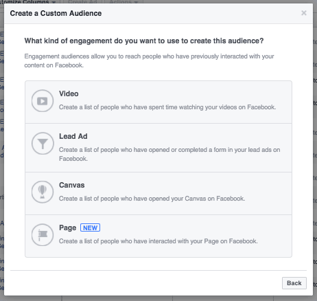 Creating custom audience based on engagement with your facebook page