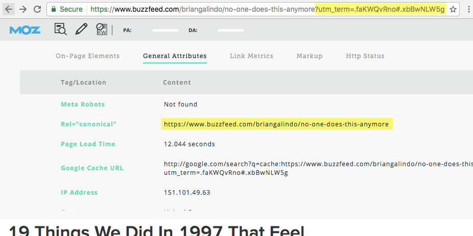 Buzzfeed example, implementing canonical link of original page