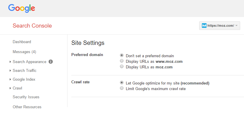 Set Up preferred version on google console, www vs non-www