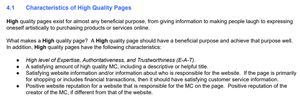Characteristics of High Quality Pages