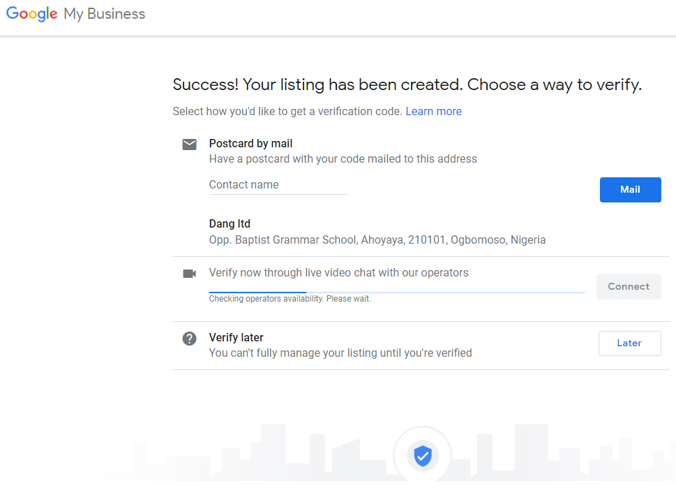 Creating google my business page, success message