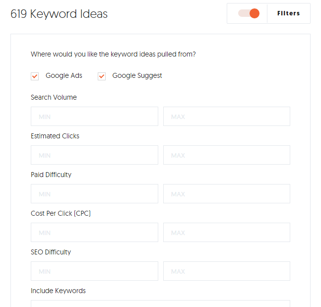 Implementing Filters for Keyword Ideas