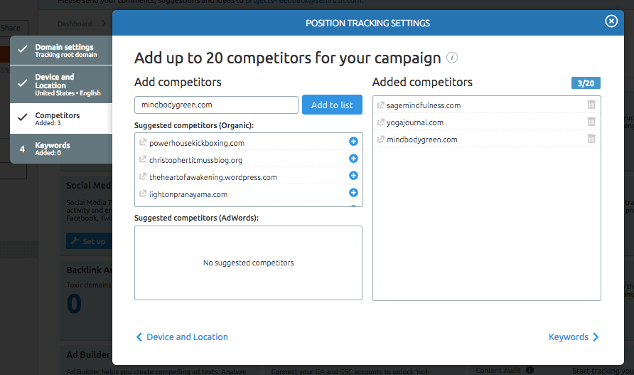 Create projects with SEM Rush. Track up to 20 competitors.