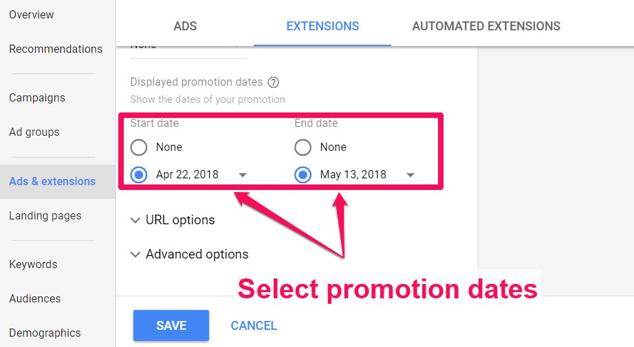 Selecting start and end date for your promotion