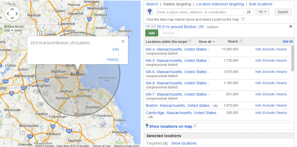 Targeted Location Distance Settings