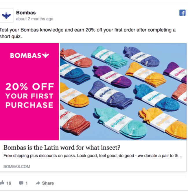 Facebook Offer Ad, example from Bombas