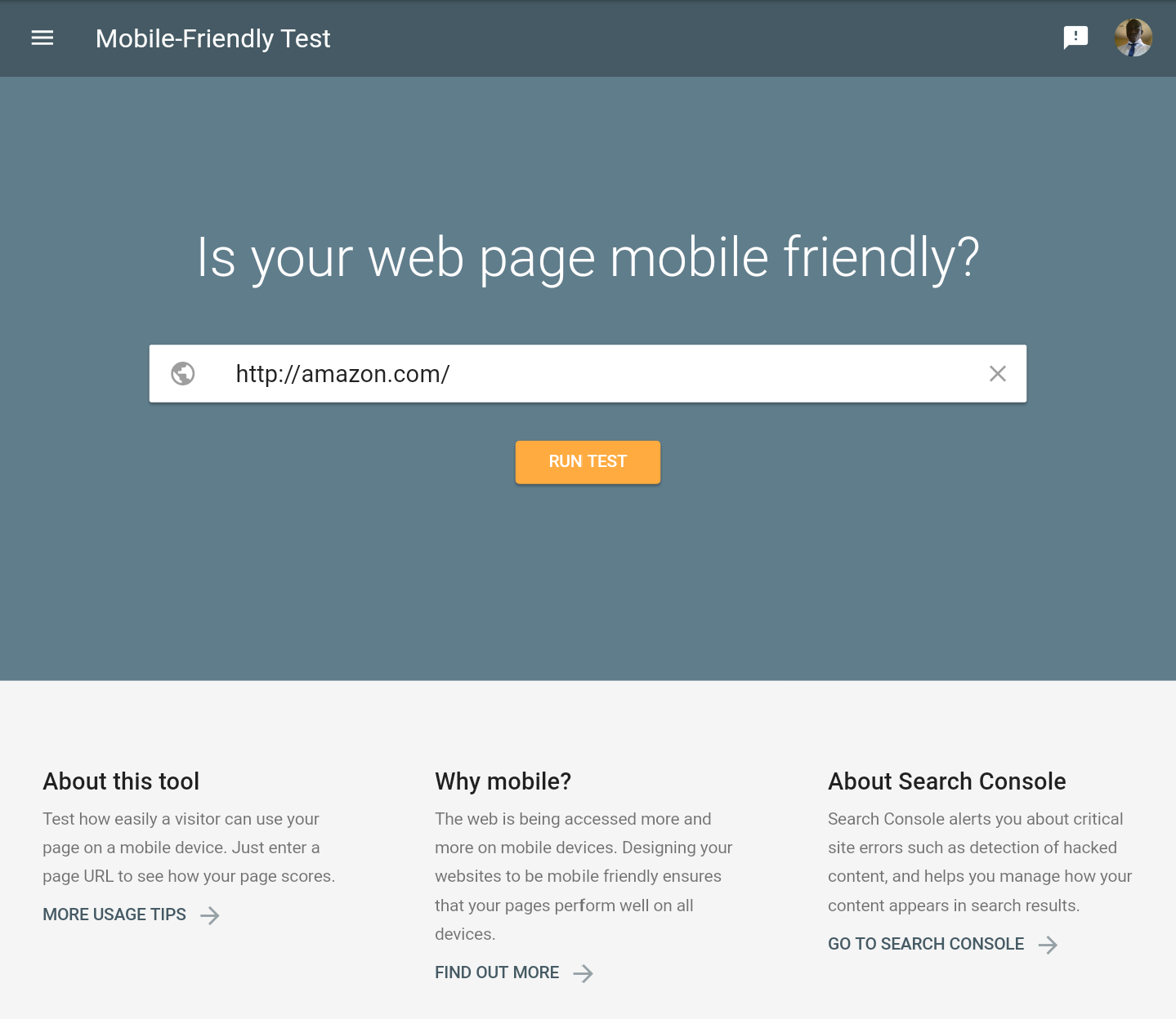 Use Google's Mobile-friendly Test website to check your website's page speed