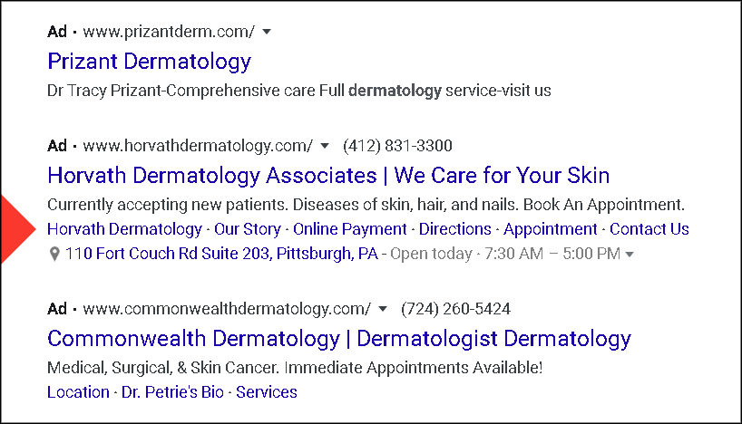 example of a healthcare google ad extension