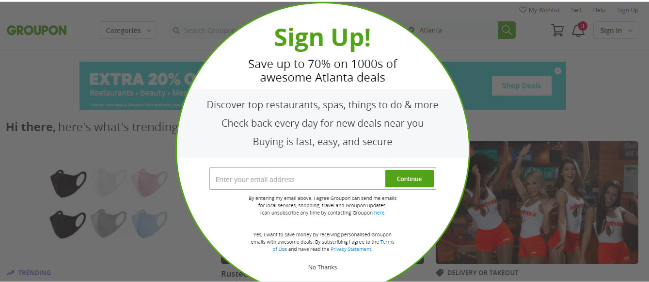 Groupon pop-up ad for Consideration Stage of Sales Funnel