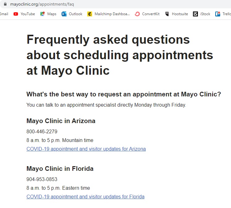 Mayo Clinic Location FAQ Page