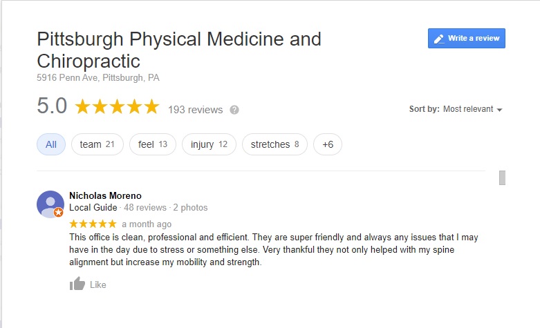 Screenshot of Google Review for Pittsburgh Physical Medicine and Chiropractic