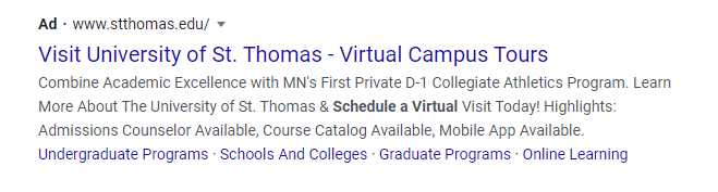 PPC Ad for Higher Ed virtual tour