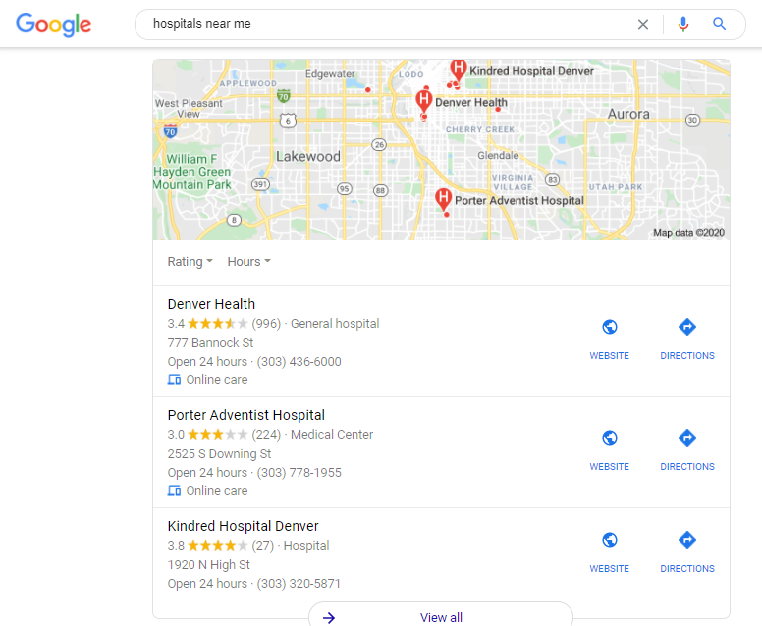 Local SEO example demonstrating "Hospitals near me"