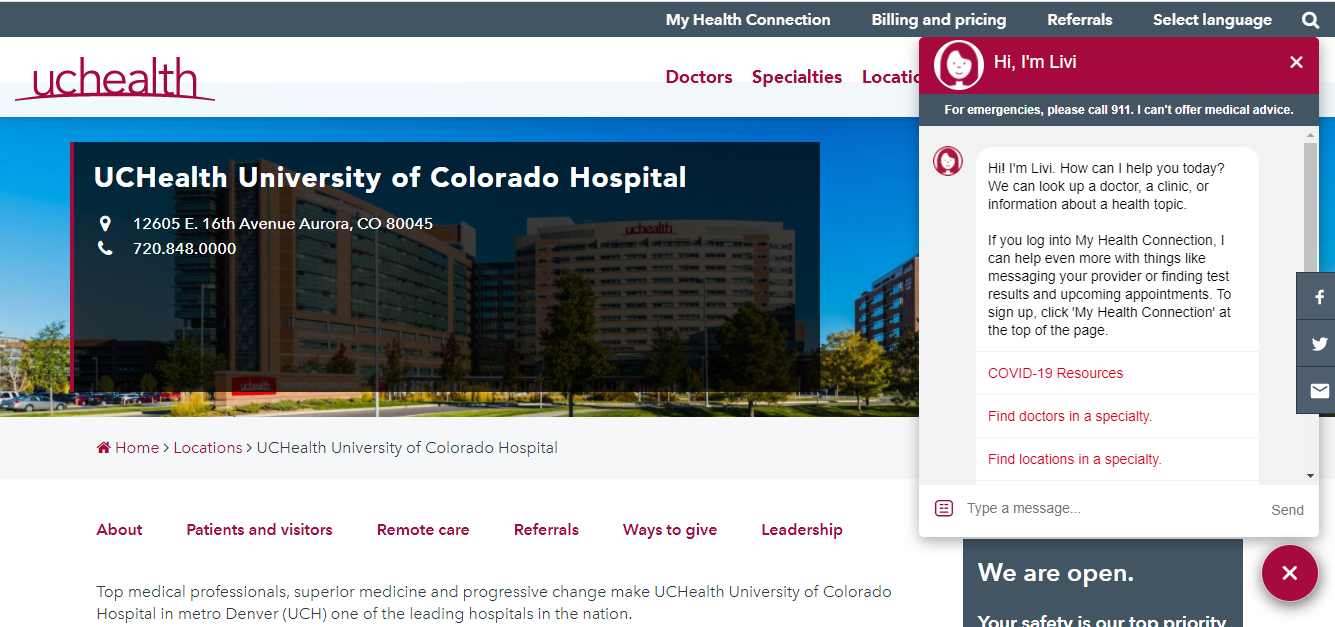 AI-powered chatbot on hospital homepage