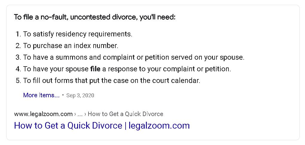 Google Feature Snippet for Divorce