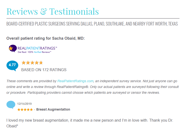 Reviews and testimonials on plastic surgery website