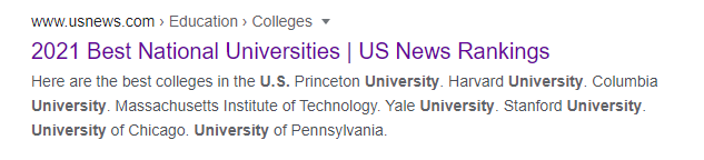 University rankings on Google