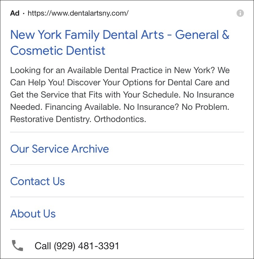 Dentist PPC campaign with ad extensions