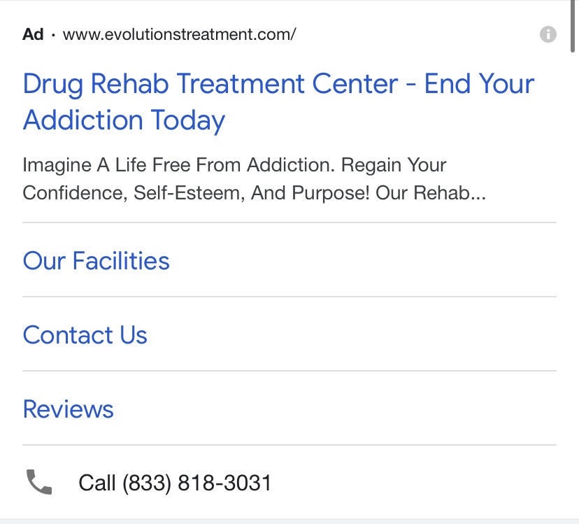 Google Ads call extensions for rehab facilities