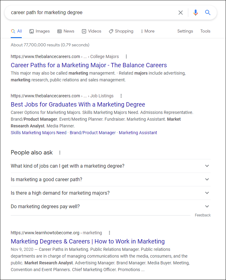 SEO Search query for higher ed