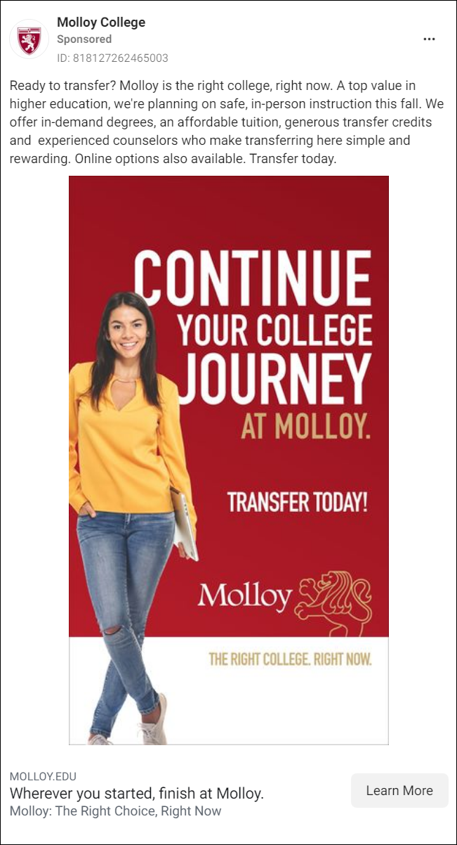 Molloy College Facebook Ad